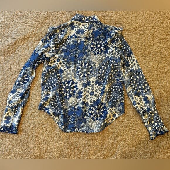 Elie Tahari Semi Sheer Blouse Women's S Blue Print Ruffle Shoulder Top Shirt - Picture 10 of 10